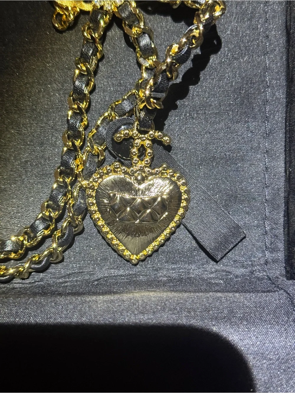 CHANEL Gold-Tone Quilted Heart Pendant Necklace with Pearl Fleur Motif